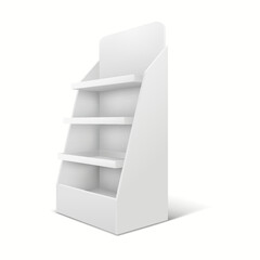 3D realistic angled view of a supermarket shelf with shelves designed for retail displays.