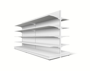 Realistic 3D mockup of a supermarket shelf with five shelves, ideal for showcasing retail products in a commercial environment.