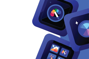 Create an overlapping composition featuring pastel-colored abstract shapes and minimalist icons, suggesting a graphic design theme.  Emphasize soft gradients and a playful aesthetic.