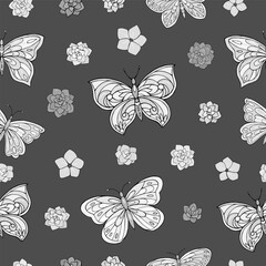 Seamless vector pattern with butterfly and flowers. Decoration print for wrapping, wallpaper, fabric, textile. Spring background.