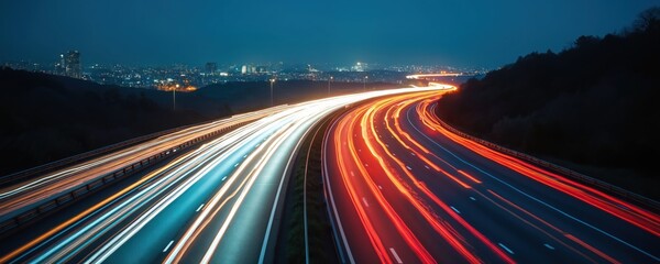 Night road traffic. Blurred motion car lights trace along highway with city skyline. Fast urban transport banner background for modern tech, delivery, logistic or travel business.