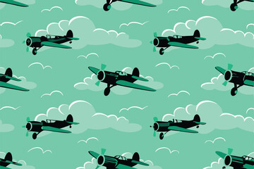 Design a seamless pattern featuring vintage airplanes soaring amidst fluffy clouds, rendered in a retro style with muted colors.