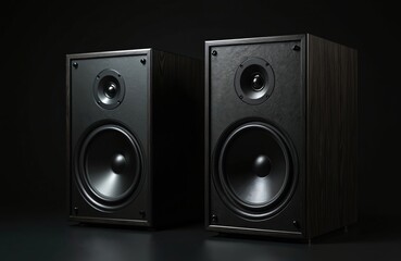 Black speaker system with wooden finish on a black background. Audio equipment with woofer for playing loud music. Music technology for audiophiles for sound reproduction.