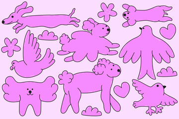 Bubble abstract shapes animals sticker pack. Dog, bird. Funky balloon elements  in trendy retro y2k style. Cartoon isolated vector illustration