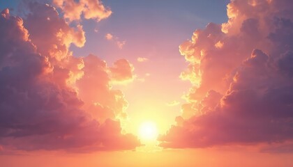 Fototapeta premium Majestic sunset sky background. Sun shines through pink clouds at dawn. Dramatic cloudscape in warm colors. Red sunlight, orange sun glow in blue heaven atmosphere.
