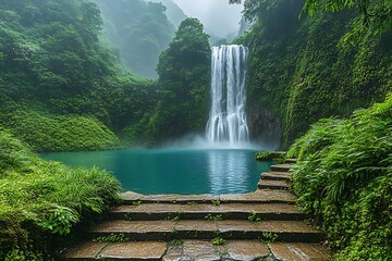 Serene Waterfall Pathway in Lush Forest