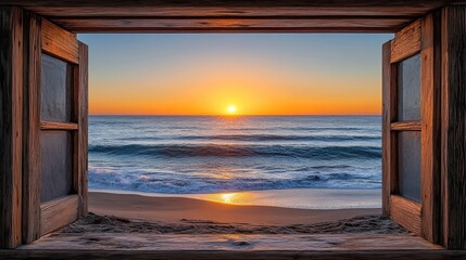 Fototapeta premium Wooden window frames ocean sunrise beach view