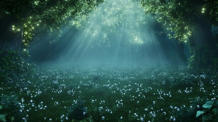 A mystical forest scene featuring glowing mist, perfect for fantasy and nature-themed projects.