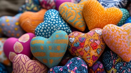 A Collection of Colorful Handmade Fabric Hearts