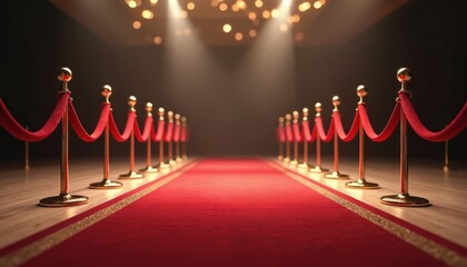 Classic red carpet design with golden stanchions, velvet ropes. Luxury entrance, VIP event background, celebration party stage, awards show ceremony. For celeb arrivals, premier theatre, congress,