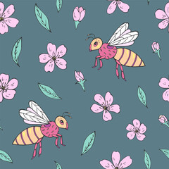 Seamless vector pattern with bees and cherry blossom flowers. Background for greeting card, website, printing on fabric, gift wrap, postcard and wallpapers. 