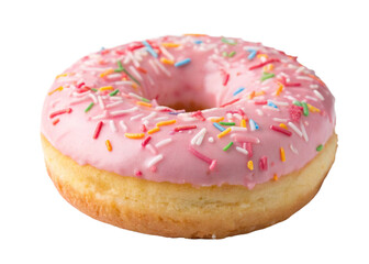 Donut with pink icing and sprinkles, isolated on transparent background, AI