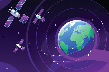 A vibrant vector illustration depicting numerous spacecraft and satellites orbiting a central, stylized vector planet.  Showcase advanced technology and futuristic design.
