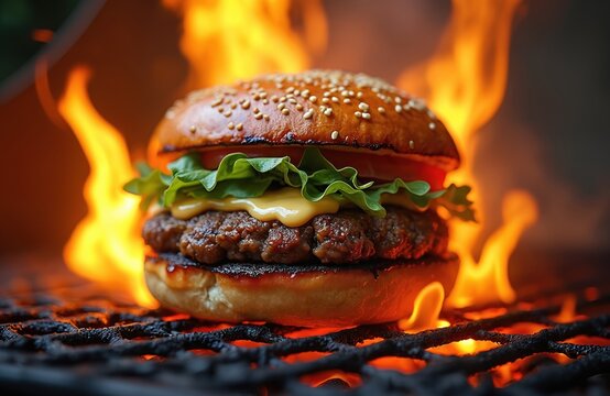 Flavourful juicy smashed steak burger grilling engulfed in flames, char marks. Grilled beef, melted cheese, tomato, lettuce inside sesame bun on metal barbecue rack. Tempting gourmet hamburger.