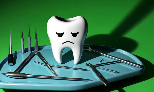 Angry tooth, dental tools, green background, surgery