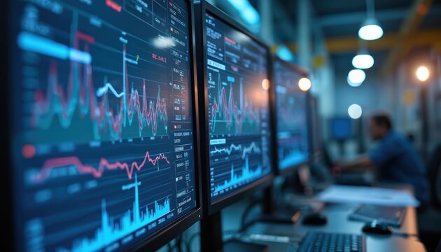 Control charts on monitors in factory control room. SPC analyst tracks process stability using software, monitoring production line performance, detecting deviations, defects, ensuring compliance