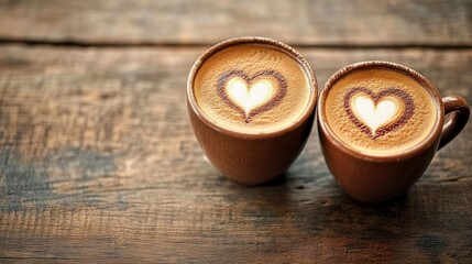Two Cups of Coffee with Heart Latte Art on Rustic Wooden Table