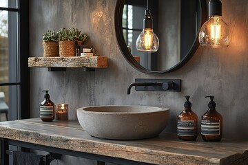 Modern bathroom featuring a concrete sink wooden countertop and industrial-style lighting exuding rustic elegance and minimalist design