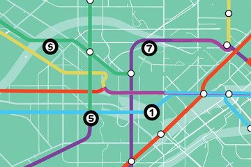 Create a vibrant, detailed urban subway map featuring numerous colorful lines, clearly labeled stations, and a modern aesthetic.  Focus on visual appeal.