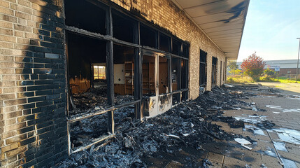 Risk assessment and compensation in property insurance coverage, Burnt building exterior with charred debris and broken windows