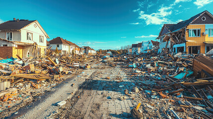 Fototapeta na wymiar Comprehensive property insurance with damage assessment, Destruction of residential area after natural disaster