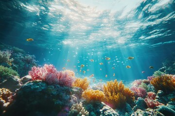 Naklejka premium Vibrant coral reef teeming with colorful fish, sunbeams filtering through the water.