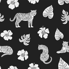 Tropic summer painting seamless pattern with tigers and tropical plants. Vector illustration. Summer decoration print for wrapping, wallpaper, fabric. 