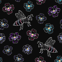 Seamless vector pattern with bees and pansy flowers. Background for greeting card, website, printing on fabric, gift wrap, postcard and wallpapers. 