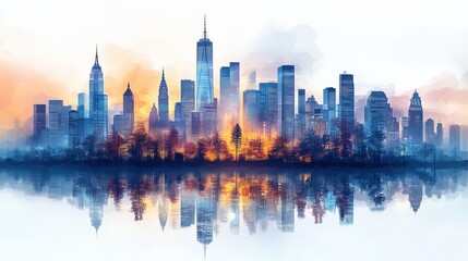 Fototapeta premium Vibrant city skyline at sunset reflected in water, showcasing urban life and nature's beauty