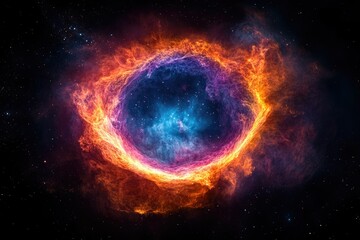 Obraz premium A fiery ring nebula illuminates the cosmos, showcasing vibrant colors and cosmic dust within a dark, starry expanse.