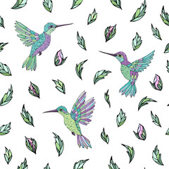 Vector seamless pattern with  hummingbird and floral elements. Decoration print for wrapping, wallpaper, fabric. Seamless vector texture. 