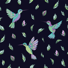 Vector seamless pattern with  hummingbird and floral elements. Decoration print for wrapping, wallpaper, fabric. Seamless vector texture. 