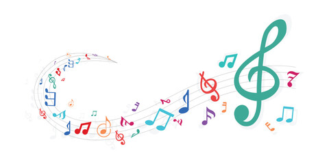 Colorful music notes background. Music notes wave. Vector illustration.
