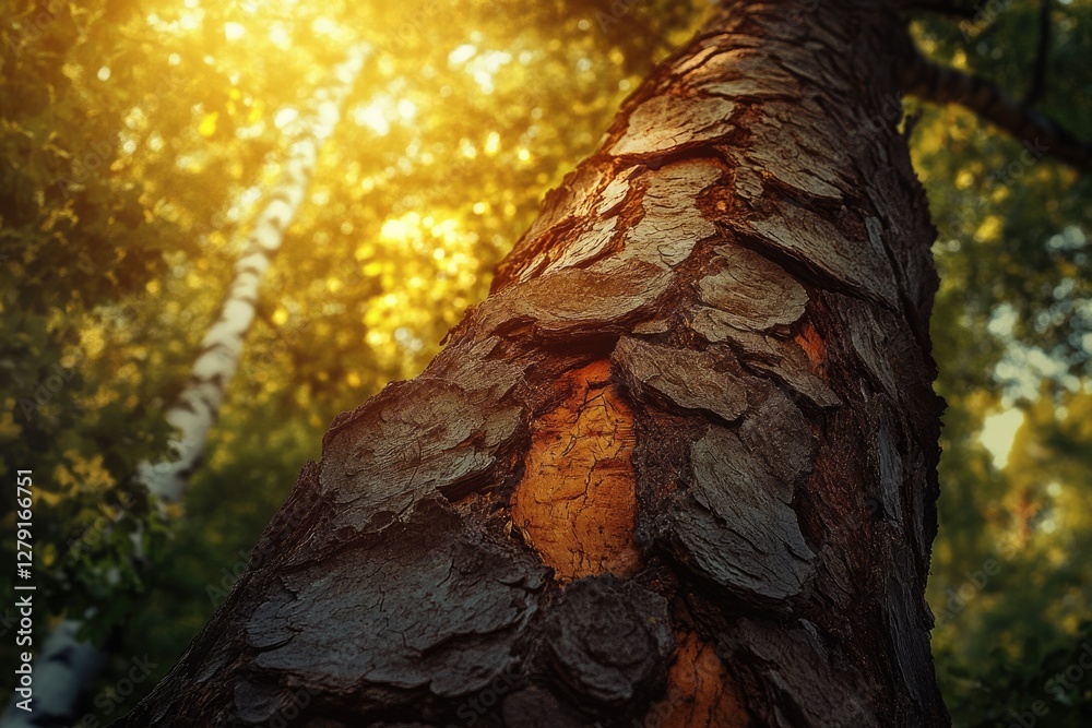 Poster close-up of tree bark texture in sunlight, showing rich detail and natural patterns.