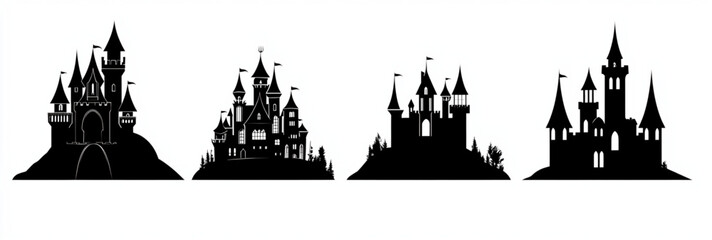 Obraz premium Abstract vector illustration featuring silhouettes of a castles set isolated on white background