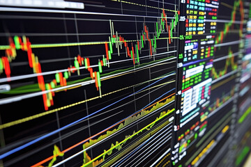 Stock market visualization with colorful charts and graphs displaying trends and data analysis. This captures dynamic nature of financial trading and market fluctuations