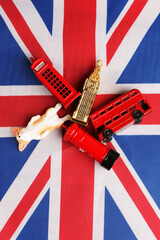 set of traditional symbols of great britain on the background of the flag