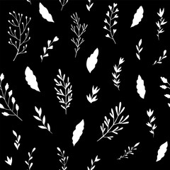 Seamless vector pattern of graphic  floral and herbal elements. Background for greeting card, website, printing on fabric, gift wrap, postcard and wallpapers. 