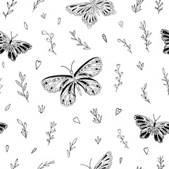 Seamless vector pattern with butterfly and floral elements. Decoration print for wrapping, wallpaper, fabric, textile. 