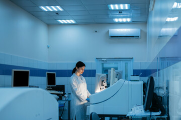 A scientist uses lab equipment for an experiment, working with test tubes and samples. Concept...