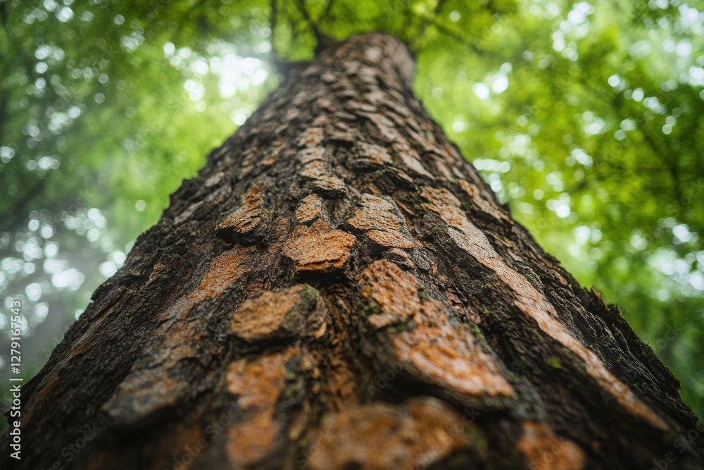 Poster close-up view of a tree trunk, showcasing its rough texture and the surrounding lush green foliage.