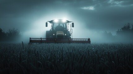 Naklejka premium Night Harvest: Tractor in Foggy Field