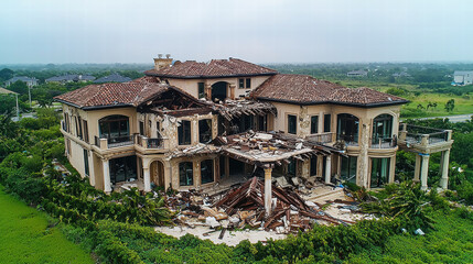 Damage assessment and risk coverage in property insurance, large damaged luxury house with collapsed roof and debris