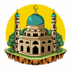 islamic mosque in the sky with rugged stone foundation 