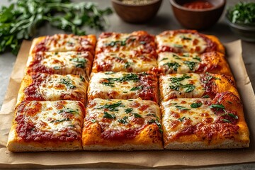 Square cut pizza topped with tomato sauce and cheese some pieces garnished with herbs for a rustic and flavorful experience