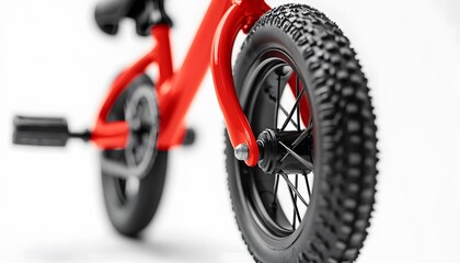 Close up of a bright red bicycle wheel detail