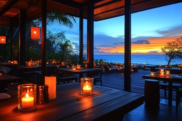Fototapeta premium Romantic oceanfront dining with candlelight ambiance and sunset views creating a magical and intimate atmosphere A tropical paradise experience