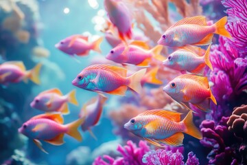 Fototapeta premium Vibrant coral reef teeming with colorful fish, a breathtaking underwater scene.
