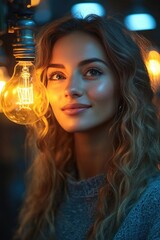 Young woman with wavy hair illuminated by warm light bulbs in a cozy indoor setting