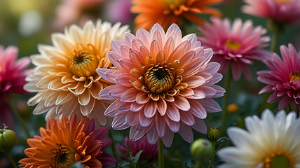 Fototapeta premium Close-up of Vibrant Dahlia Flowers in Full Bloom